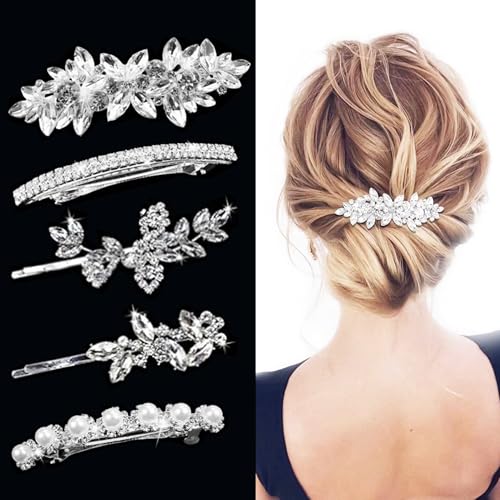 Fireach C-5 Rhinestone Hair Barrettes for Women Bridal Sparkly Hair Clips