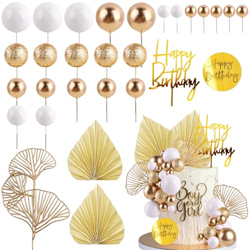 Elegant White Gold Balls Cake Toppers with Palm Leaves Set