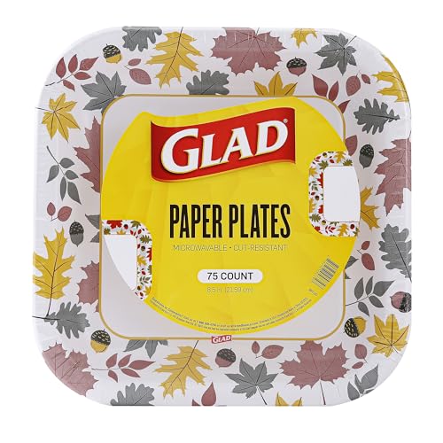 Glad Square Disposable Paper Plates, 8.5 Inch, 75 Count - Soak-Proof & Microwave Safe for Fall Gatherings
