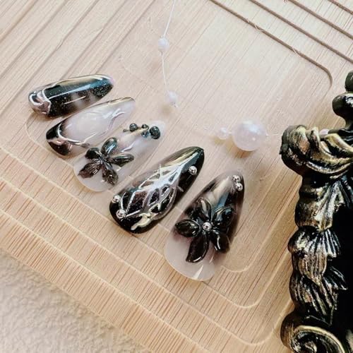 Colorful Gothic Press-On Nails Set with 3D Flowers & Chains - Medium Almond Black Silver for Women