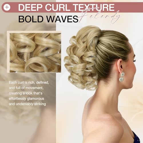 FELENDY 9" Curly Claw Clip Ponytail Extension - Light Blonde Synthetic Hair