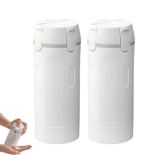 4 in 1 Travel Dispenser, Travel Bottles for Toiletries, No Squeeze Press Dispenser 30ML Leak Proof Travel Containers, Portable Refillable Shampoo Lotion Conditioner Bottles with Labels(2White)
