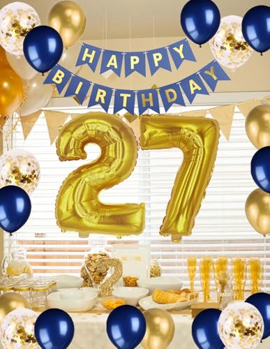 Navy Blue 27th Birthday Party Decorations with Balloons & Banner