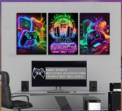Gaming Wall Art - 3Pcs Colorful Neon Gamepad Canvas Prints 12x16in