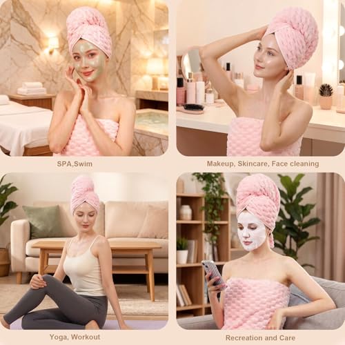 Super Absorbent Hair Towel 2-Pack: 24x42in Light Grey & Pink Microfiber Hair Wrap for Women