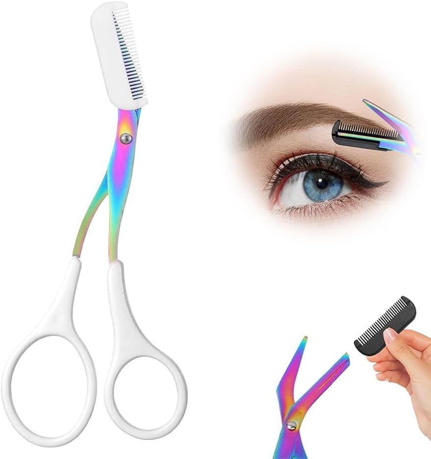 Professional Eyebrow Trimmer Scissors - 2-in-1 Stainless Steel Cutter & Comb Tool for Men & Women | Pink