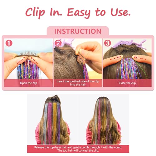 ONROCL 12Pcs 24 Inch Hair Tinsel Clip-in Extensions - Colorful Glitter for Festivals