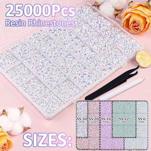 White AB Resin Rhinestones 25,000pcs Crafting Pack with Glue - Large Size Mix