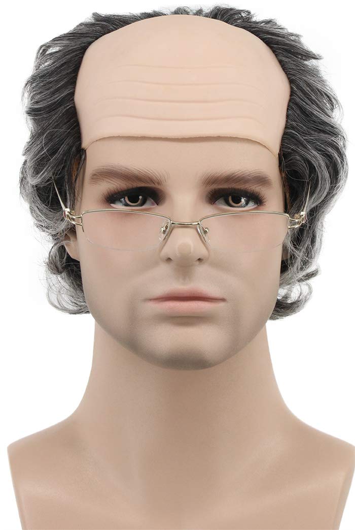 karlery Adult Short Curly Grey Fits Old Man Bald Cap Wig Grandpa Halloween Cosplay Anime Costume Party Wig