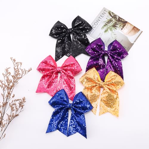 12-Color Jumbo Sequin Cheer Bow Set – 7-Inch Glitter Hair Clips for Girls