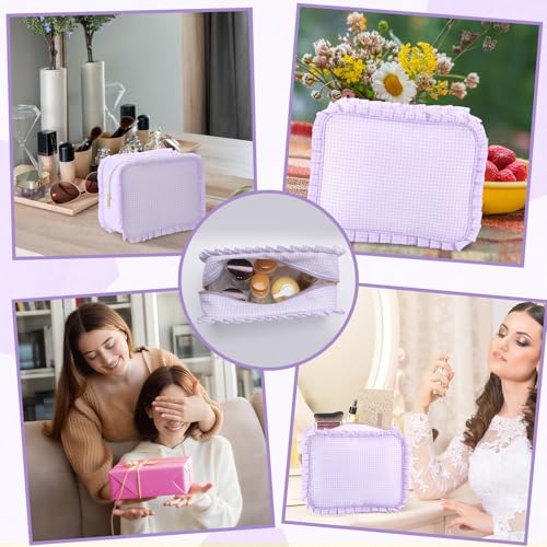 Purple Gingham Ruffle Makeup Bag - Large Travel Cosmetic Pouch