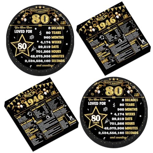 80th Birthday Party Supplies Set - Black Gold Plates & Napkins