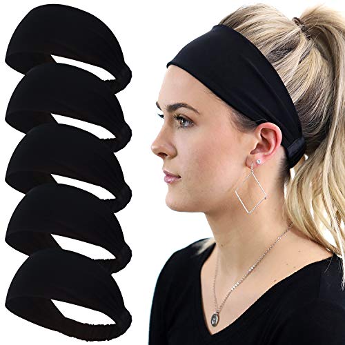 Calbeing 5-Pack Wide Black Headbands for Women – Non-Slip Elastic Sweatbands (5 Pure Black)