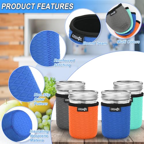 Cosmos Neoprene Mason Jar Sleeves - 4 Pack for Regular Mouth Jars