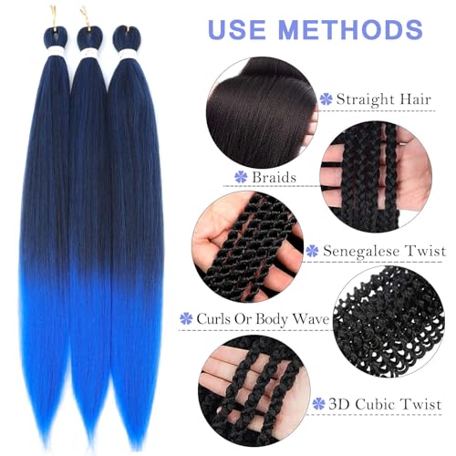 34 Inch Pre-Stretched Braiding Hair #1B/Blue - 6 Packs for Easy Styling