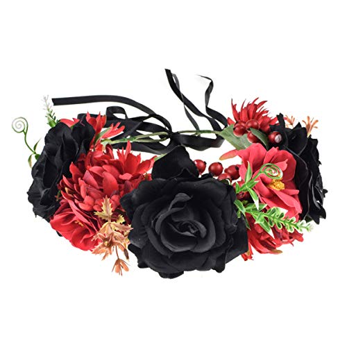 Day of the Dead Rose Flower Crown Headband - Red and Black Floral Headpiece