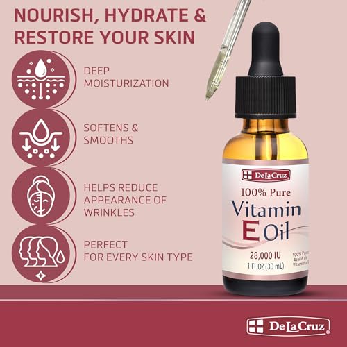 De La Cruz Vitamin E Oil for Face & Skin - 28,000 IU, No Preservatives, Vegan, Made in USA