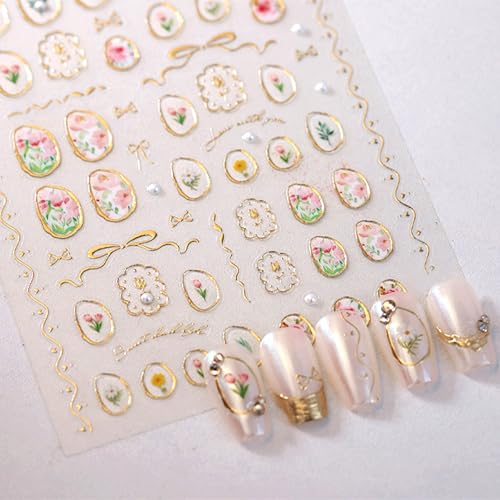 5D Floral Nail Art Stickers with Gold Frames - Self-Adhesive Decals