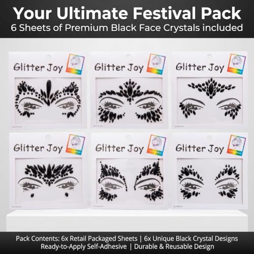 Kotbs Black Rhinestone Face Gems - 6-Pack Self-Adhesive Festival Jewels