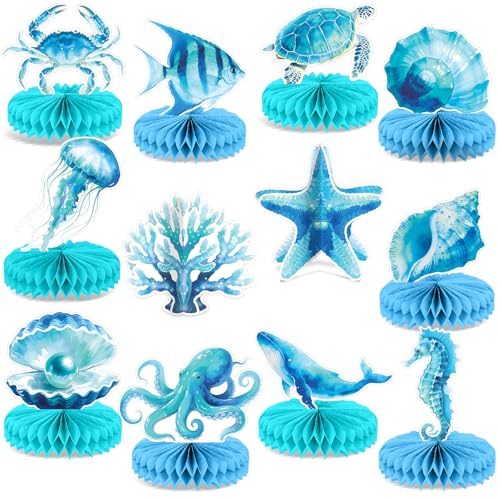 12 Pcs Gradient Blue Under the Sea Honeycomb Centerpieces - Ocean Animal Decor for Parties