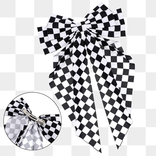 Checkered Bow Clips for Women - Black and White Racing Hair Accessory
