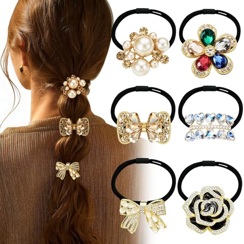CWJCYTNSN 6 Pack Metal Flower Hair Cuffs & Elastic Ponytail Holders for Women & Girls