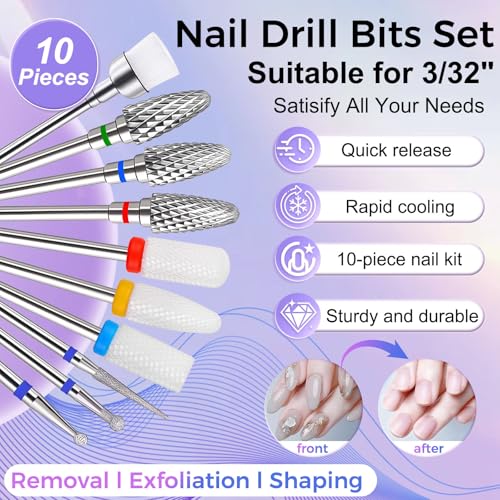 Fantexy 10-Piece Ceramic Nail Drill Bits Set - 3/32 Inch