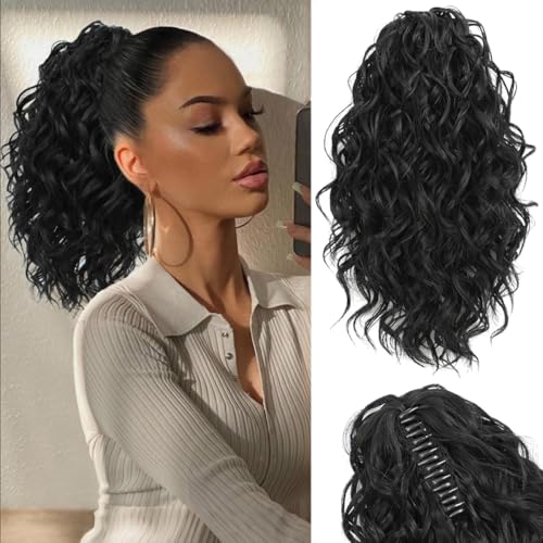 Black 12 Inch Curly Ponytail Extension with Claw Clip for Women