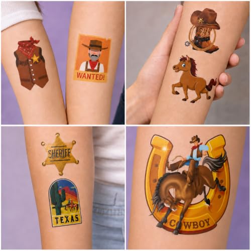 Cowboy Temporary Tattoos for Kids - 60 Pre-Cut Stickers