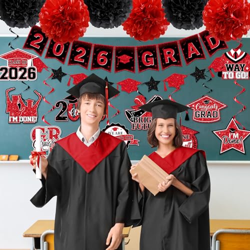 Class of 2026 Red and Black Graduation Decorations Set
