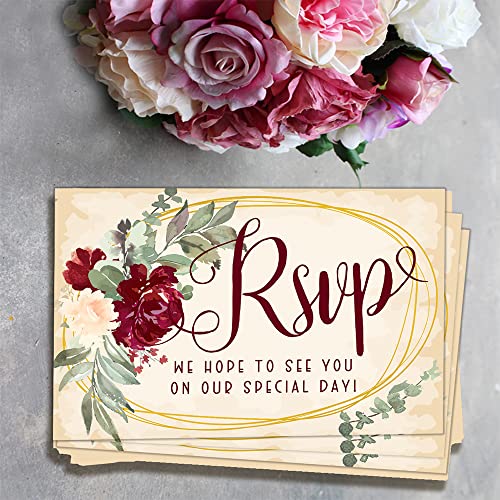 Burgundy Roses RSVP Postcards - Wedding Invitation Kit of 50