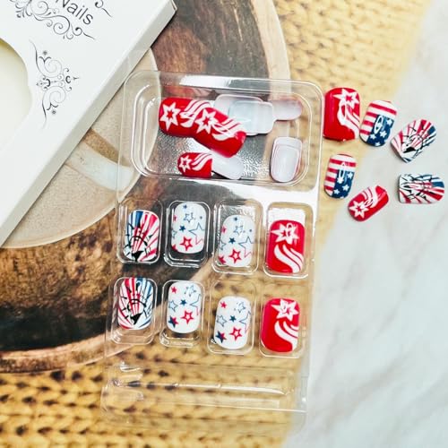 LRKNNO 24Pcs 4th of July Short Press On Nails – Red White Blue American Flag With Star Design, Cute Petite Square
