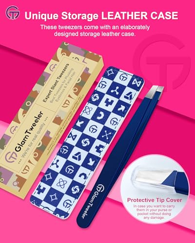 GlamTweeler Navy Blue Slant Tip Tweezers with Leather Case