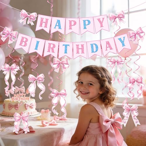 Pink Bow Happy Birthday Decorations Kit - Pre-Strung Banners & Swirls