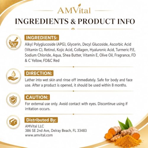 AMVital Turmeric Kojic Acid Soap Bars - 3.5 oz, 4-Pack for Face & Body