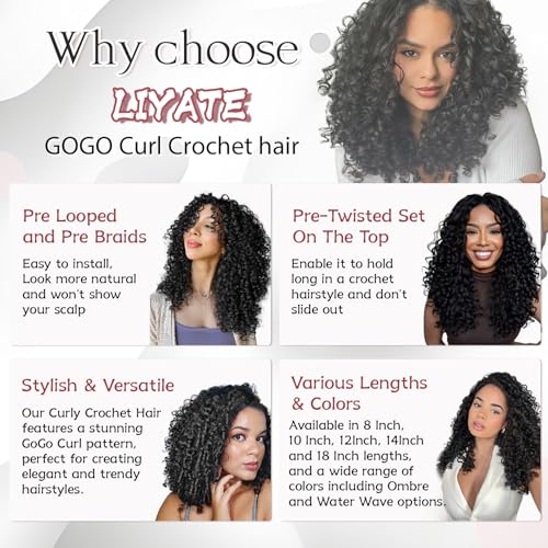 LIYATE 8 Inch Gogo Curl Crochet Hair - 7 Packs, 1B Pre-Twisted Beach Wave Braids