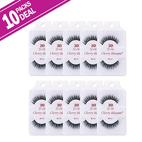 Cherry Blossom 3D Silk False Eyelashes Style #910 Supernova 10 Pack - Dramatic Spiky Wispy Reusable Faux Mink Black