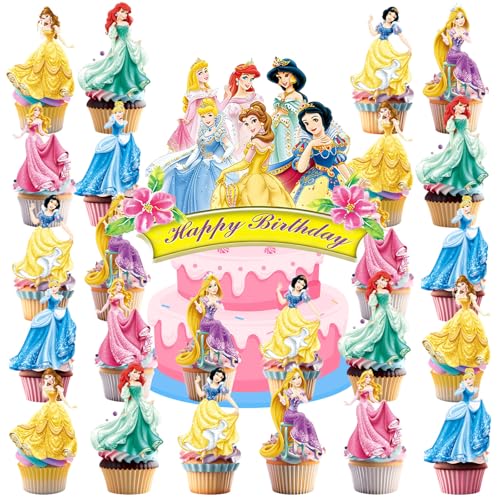 25 Pcs Cartoon Birthday Cake Toppers with Happy Birthday Sign