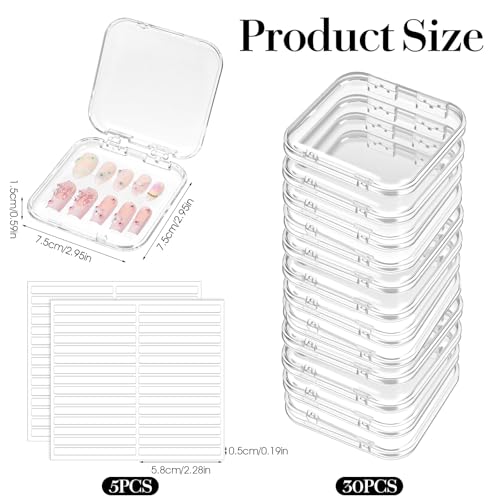 30 PCS Clear Press-On Nail Storage Boxes with Adhesive Tape for Nail Art