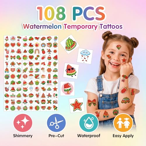 108 Glitter Watermelon Temporary Tattoos for Kids - Summer Party Favors