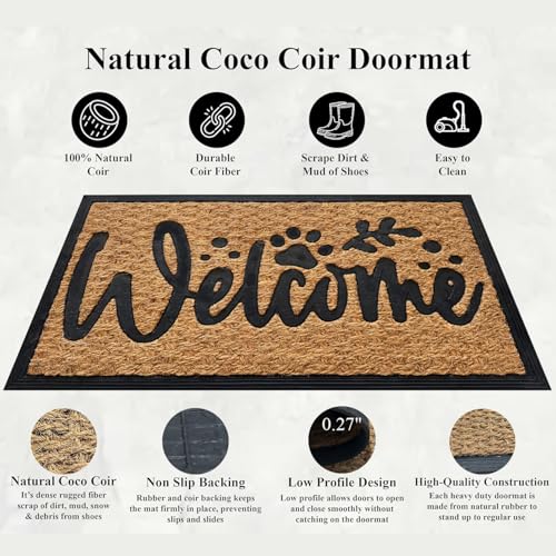 Funny Non-Slip Coconut Coir Doormat with Dog Paw Design - 30x17 Inch