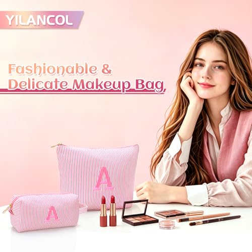 Personalized Initial Makeup Bag Set, Embroidered Letter S Cosmetic Pouch