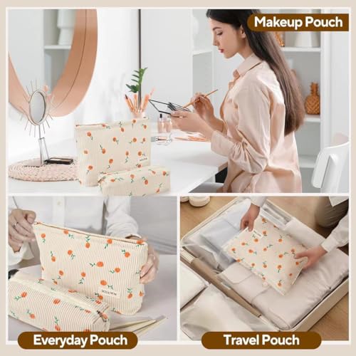 Corduroy Makeup Bag Set - Aesthetic Travel Cosmetic Pouch with Brush Case