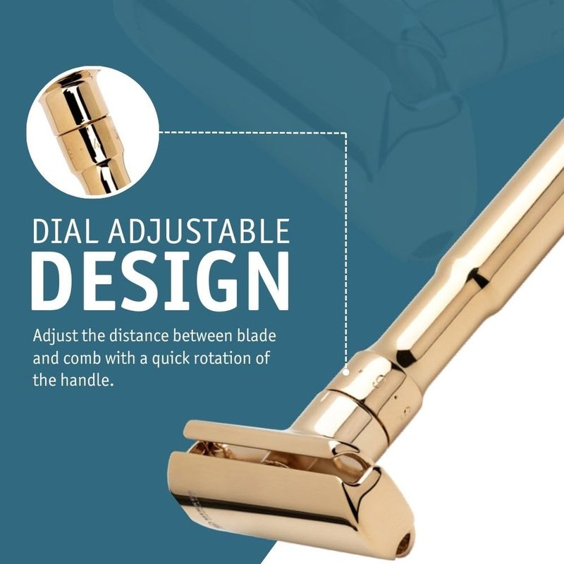 MERKUR FUTUR 702 Adjustable Double Edge Safety Razor - Bright Gold, Adjustable Razor With Dial, Made in Germany, Plastic-Free, Snap-On Cap Design, Straight Bar