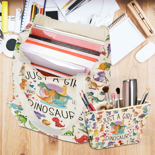 Cute Dinosaur Tote Bag Set with Makeup Bag for Women - Girl Dinosaurs 1186