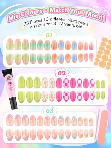 Kalolary 78 Pcs Kids Press-On Nails - Floral/3P Design Fake Nail Set
