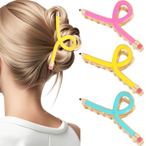 Multi-colored Pencil Hair Claw Clips for Thick Hair - 3 Pack, Teacher Gift