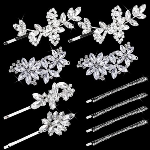 SHEHARUHI 10pcs Crystal Flower Bridal Hair Clips, Silver Rhinestone Barrette Set