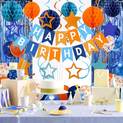 Navy Blue and Orange Birthday Decorations Set - Recosis Party Supplies with Balloons, Banner, Honeycomb Balls & Streamers