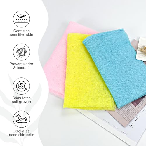 Yiclick Exfoliating Washcloth Towel, Exfoliating Body Scrubber, Back Scrubber for Shower Bath Washer, Japanese Exfoliating Wash Cloth, Korean Body Scrubber Exfoliator, Body Scrub Loofah Luffa Colors